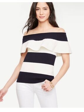 Ann Taylor Off-the-Shoulder Ruffle Stripe Sweater in Navy and White